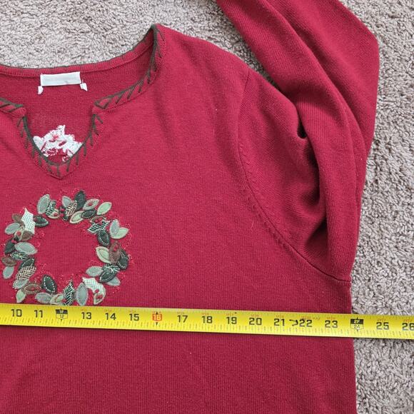 Vintage Embroidered Christmas Sweater Womens XL Red Wreath Holiday Cottage Boho - Picture 8 of 9